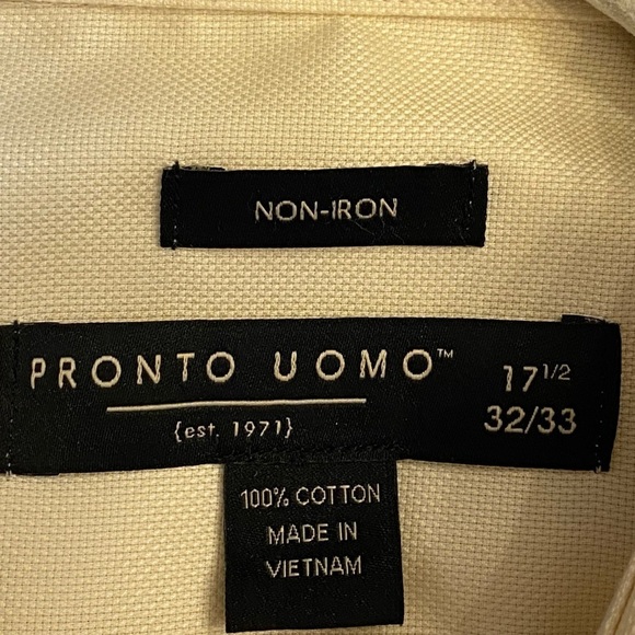 Pronto Uomo Dress Shirt Size 17 1/2 Maze Yellow Non Iron Long Sleeve Business - Picture 11 of 12